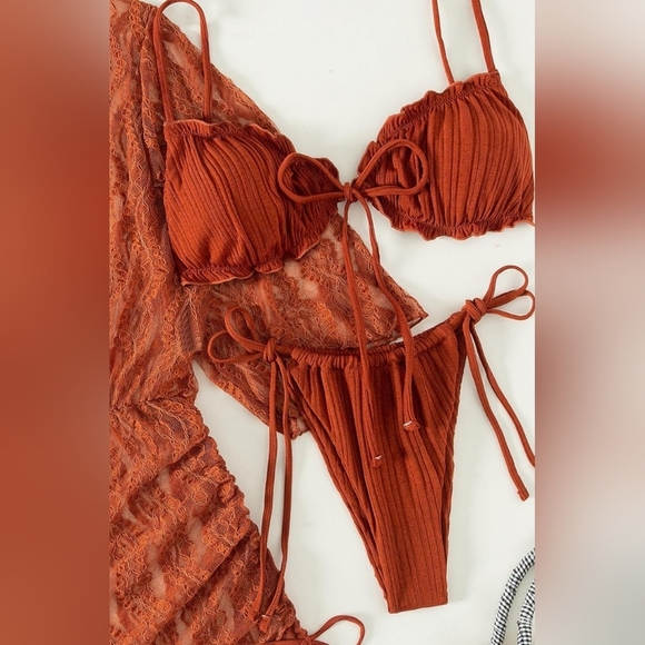 2/$50 Rust Burnt Orange Sheer Summer Beach Bikini Set Drawstring Cover Up - Picture 4 of 7